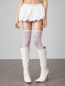 ROMWE Grunge Punk 1 Pair Gothic Style Dark Cross Pattern Thigh High Socks - White - View 5