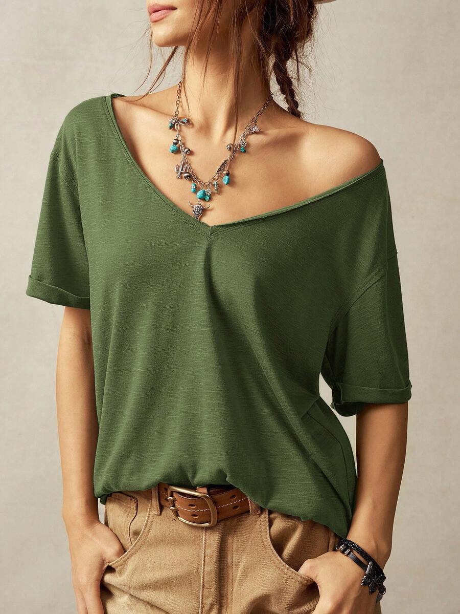 Bohemela 女士休闲纯色V领短袖宽松T恤 - 軍綠色 - 查看 1