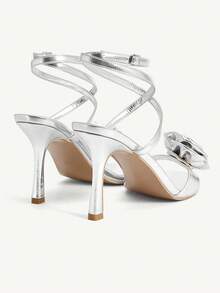 CUCCOO CHICEST 银色金属玫瑰装饰带踝带凉鞋，优雅时尚，适合正式场合，圆头高跟鞋 - 銀色 - 查看 9