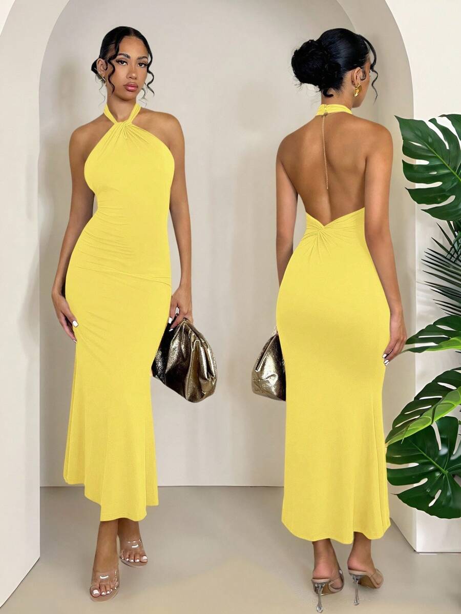 SHEIN PETITE 女士优雅简约纯色露背扭纹紧身长裙，适合日常穿着