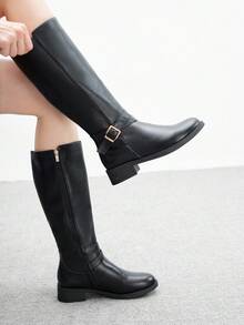 CUCCOO BIZCHIC Women's Round Toe New Flat Thick Sole Black Side Zipper Knee-High Boots, Versatile Daily Commute Flat Tall Boots For Christmas - Black - View 3