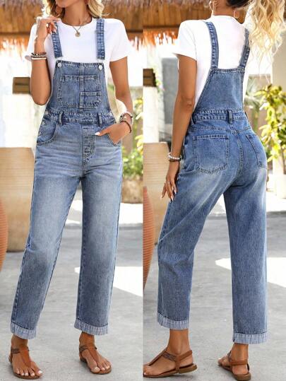 SHEIN Tall Women's Casual Distressed Patchwork Pocket Side Button Denim Bib Overalls