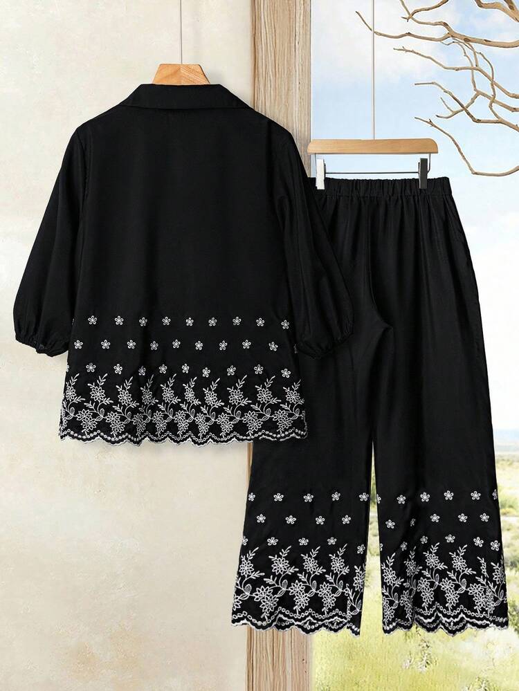 プラスサイズ レディース フローラル刺繍 ランタンスリーブ シャツ & ワイドレッグパンツ カジュアル 2点セット