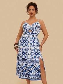 SHEIN VCAY Váy họa tiết hoa nhiệt đới xanh trắng cỡ lớn cho nữ, váy midi xoắn dây mảnh phía trước, váy xẻ tà phía trước, váy mùa thu cho nữ váy hoa xanh trắng, váy mùa hè cho nữ váy midi, váy xanh trắng cho nữ váy đi nghỉ cho nữ váy chống nắng xanh, trang phục biểu diễn cho nữ, quần áo phong cách boho cho nữ váy hoa rave cho nữ váy dự tiệc cưới cong - Xanh và trắng - Xem 5