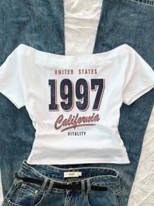 Attitoon 女式休闲简约数字图案腰部褶皱露肩紧身短袖白色 T 恤，适合夏季返校季 - 白色 - 查看 3