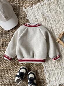 SHEIN 女婴条纹插肩袖单排扣休闲棒球夹克 - 灰色 - 查看 2