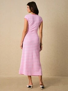 Poéselle Women's Casual Striped Dress, Summer,Wedding Guest Dress,Elegant Dresses For Women - Pink - View 2