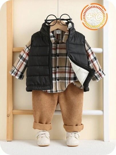 SHEIN 3 件套男婴格子衬衫、羊毛背心夹克和慢跑裤运动服套装，男女通用婴儿服装，适合室内、户外、日常穿着、运动、玩耍、派对、拍照、度假、秋冬季
