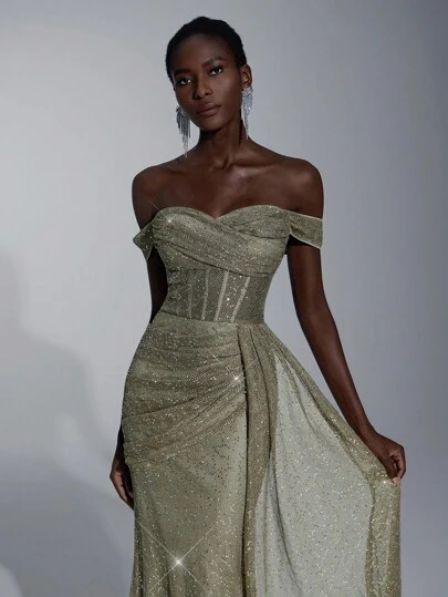 Elitara Elegant Olive Green Heavily Embellished Off Shoulder Hanging Sleeve Dress With Detachable Sparkling Floral Decor, Suitable For Holidays, Weddings, Parties, Graduations, And Formal Events