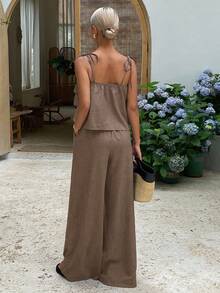 DAZY 2pcs/Set Women's Fashion Ruffle Trim Crop Camisole Top And High Waist Tie Waist Wide Leg Pants, Casual Summer Outfit Vacation Outfits Women - Camel - View 3