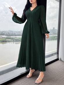 Modelyn Đầm midi tay dài cổ chữ V tối giản màu trơn dành cho nữ, mặc thường ngày - Màu xanh lá cây đậm - Xem 4