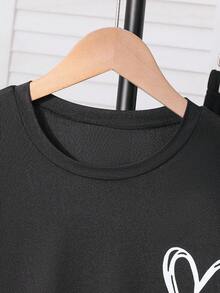 2件套少女心印花圆领休闲短袖T恤和长裤 - 黑色 - 查看 6