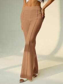SHEIN PETITE 低腰纯色喇叭腿紧身西装裤派对性感优雅约会之夜派对 - 卡其色 - 查看 7
