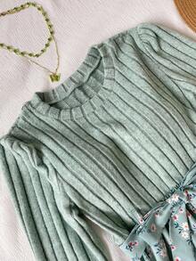 Vestido casual para meninas adolescentes com patchwork floral e bainha redonda, manga comprida