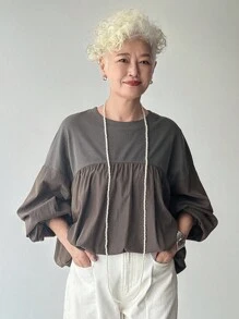 FRIFUL 女士圆领罗纹布拼布灯笼袖宽松撞色T恤，秋季超大袖上衣宽松上衣灰色衬衫泡泡袖上衣长袖上衣 - 灰色 - 查看 6