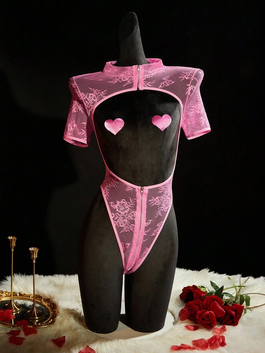 SpicyHot 2 件套蕾丝拼布镂空拉链裆部超性感内衣套装，情人节，外出 - 玫紅色 - 查看 1