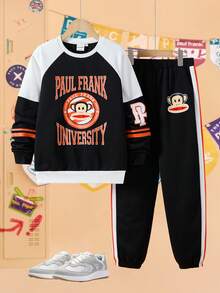Paul Frank X SHEIN Tween Boy Retro Collegiate Letter & Cartoon Graphic Color Block Crew Neck Raglan Sleeve Sweatshirt And Sweatpants Set, Autumn/Winter - Black and White - View 1
