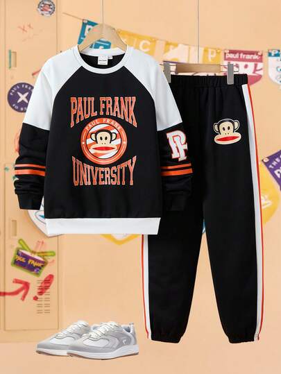 Paul Frank X SHEIN 青少年男孩复古学院风字母与卡通图案拼色圆领插肩袖运动衫和运动裤套装，秋冬
