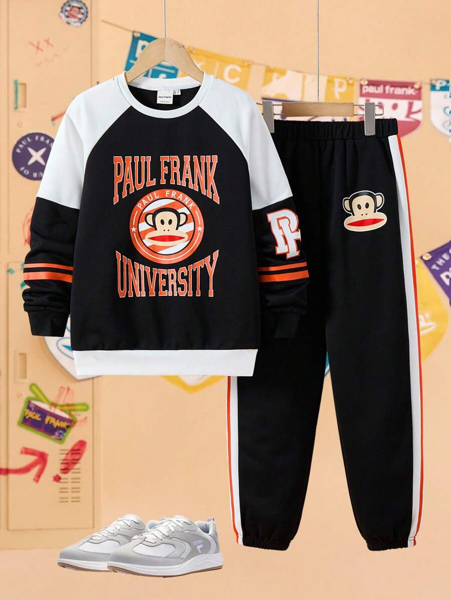 Paul Frank X SHEIN Tween Boy Retro Collegiate Letter & Cartoon Graphic Color Block Crew Neck Raglan Sleeve Sweatshirt And Sweatpants Set, Autumn/Winter - Black and White - View 1