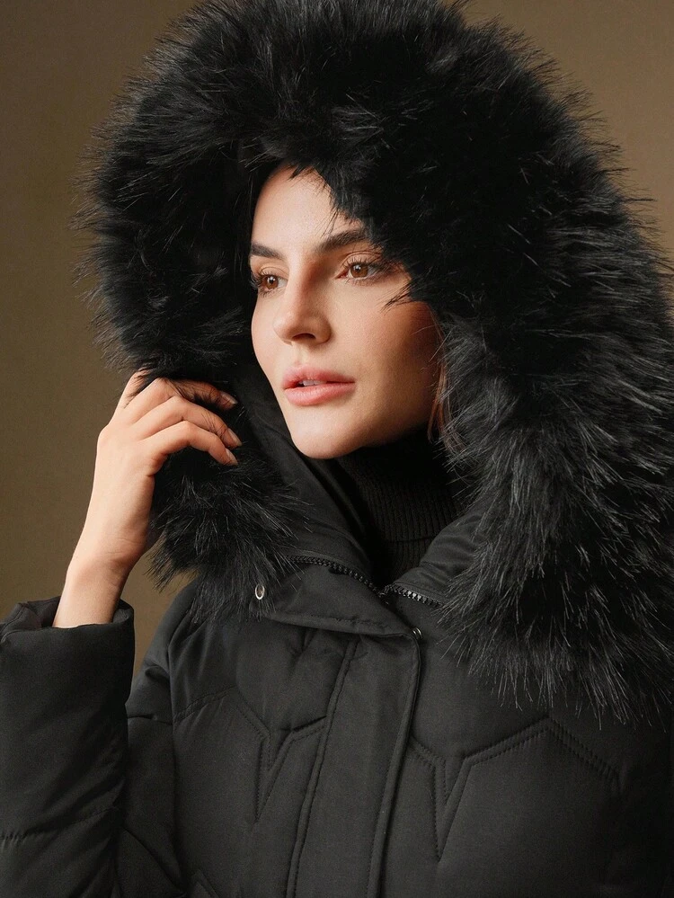 Women's Elegant Quilted Cinched Waist Mid-Length Hooded Removable Fur Collar Black Zip-Up Padded Coat, Winter