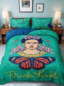 Frida Kahlo X SHEIN Juego de ropa de cama de 3 piezas con estampado de flores y mariposas verdes, de tela suave y transpirable, se ajusta a varios tamaños de cama para decoración del dormitorio