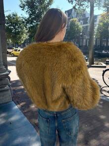 SHEIN EZwear 女士时尚休闲卡其色仿皮草夹克，秋冬 - 卡其色 - 查看 2