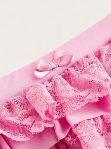 Summer Women Sweet Bow Kawaii Mesh Contrast Lace Ruffle Trim Low Waist Micro Mini Shorts, Summer Shorts, Valentine Day - Pink - View 4