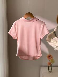 青少年女孩休闲樱桃印花褶皱 T 恤，夏季 - 淺粉色 - 查看 2