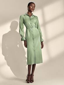 Chiquease Women's Elegant Patchwork Waist Loose Long Sleeve Midi Dress - Green - View 2