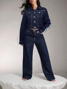 SHEIN Teen Girl Contrast Stitching Dark Blue Denim Loose Fit Turndown Collar Long Sleeve Jacket - Dark Wash - View 4