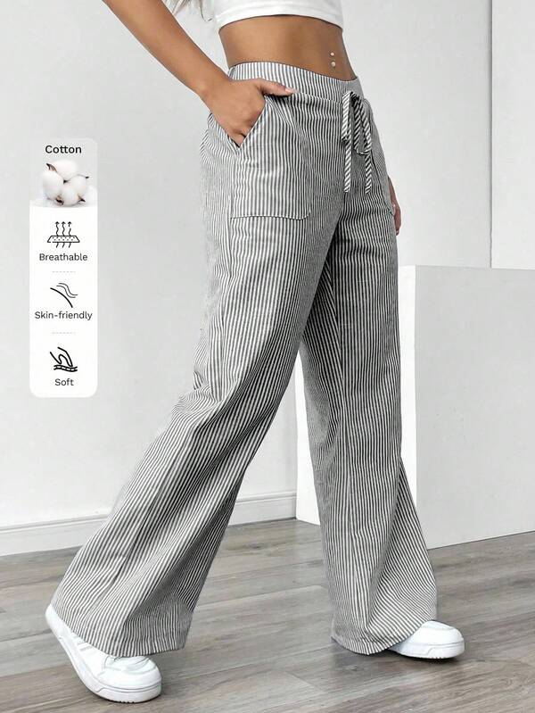 Almamuse Petite Women's Blue Striped Casual Wide Leg Pants, Vacation Fall Cloth For Women
