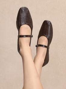 Rosivie 2025年夏季新款法式方头百搭黑色镂空编织带低帮透气舒适平底女鞋 - 棕色 - 查看 8