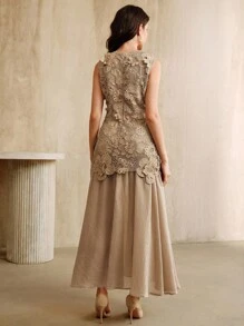 SHEIN X GALILEA Anewsta 优雅节日水溶3D镂空花朵拼布雪纺喇叭裙 卡其色 春夏 - 卡其色 - 查看 2