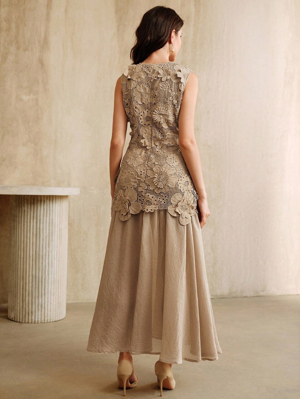 Elegant Holiday Water-Soluble 3D Hollow Flower Patchwork Chiffon Dress With Flared Hem, Khaki, Spring/Summer