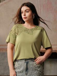 Anewsta Áo thun tay ngắn cổ tròn phối ren thanh lịch cỡ lớn dành cho nữ, thích hợp mặc khi đi làm, mùa hè - màu xanh lá - Xem 3