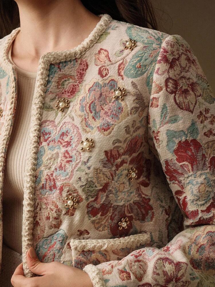 Elegant Romantic Open Front Jacket, Woolen Fabric With Floral Embroidery, Pearl Decor, Braided Trim Design, Long Sleeve, For Women, Autumn/Winter
