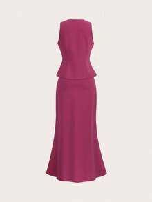 SHEIN Tall 2 件套极简主义时尚单排扣背心裙套装时尚优雅休闲简约日常纯色秋季商务休闲 - 酒紅色 - 查看 2