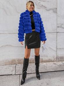 Firerie 女士纯色长袖仿皮草夹克 - 寶藍色 - 查看 5