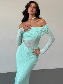 Aloruh 女士时尚优雅露肩荷叶边连衣裙 - 藍色 - 查看 6