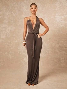 Lumalex Robe d'été sexy à col V profond et dos nu pour femmes