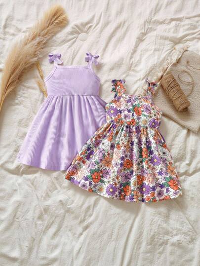 SHEIN Vintaside Kids 2 paquetes Vestido de tirantes informal con estampado floral lindo y versátil para niñas, apropiado para la primavera y el verano, adecuado para el Día de San Valentín