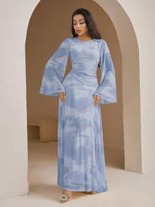 Veilorie Đầm dài tay cổ tròn in họa tiết tie-dye thanh lịch dành cho nữ - Màu xanh lam - Xem 5