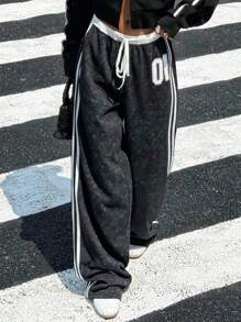 Muchica 女式复古水洗丝带拼接宽松长裤 - 黑與白 - 查看 5