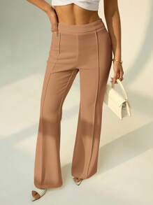 SHEIN PETITE 低腰纯色喇叭腿紧身西装裤派对性感优雅约会之夜派对 - 卡其色 - 查看 6