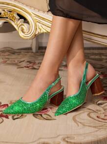 CUCCOO TILAWA Women's Crystal Heel Rhinestone Mesh Pointed Toe Slip-On Pumps Green Shoes, Suitable For Outings, Banquets, Parties And Other Events - Green - View 9