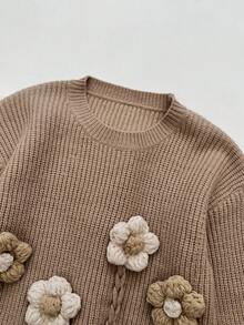 Loomiva Cárdigan de cuello redondo de manga larga con estampado de oso de dibujos animados para niñas, versátil y cómodo, adecuado para otoño/invierno - Caqui - Ver 6
