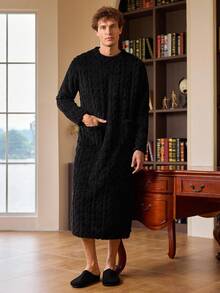 EverLounge 男士柔软纯色双口袋长袖睡袍，秋冬季休闲款，男士蓬松睡袍，舒适保暖 - 黑色 - 查看 1