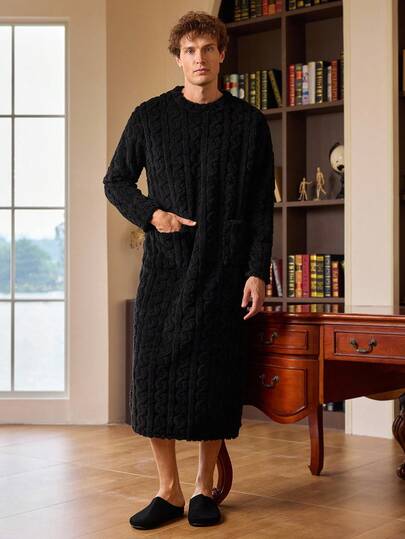 EverLounge 男士柔软纯色双口袋长袖睡袍，秋冬季休闲款，男士蓬松睡袍，舒适保暖