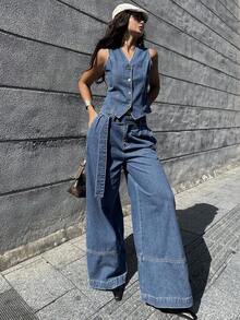 DAZY 女士休闲牛仔背心和裤子套装 - 藍色 - 查看 8