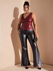 SHEIN BAE 休闲百搭时尚性感修身V领大码女式背心 - 酒紅色 - 查看 6